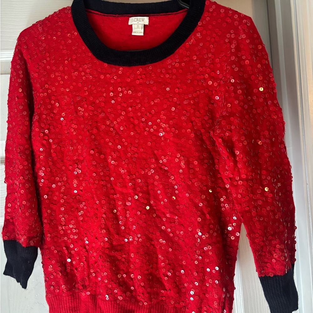 J. Crew Vibrant Red Sequin Crew Neck Sweater